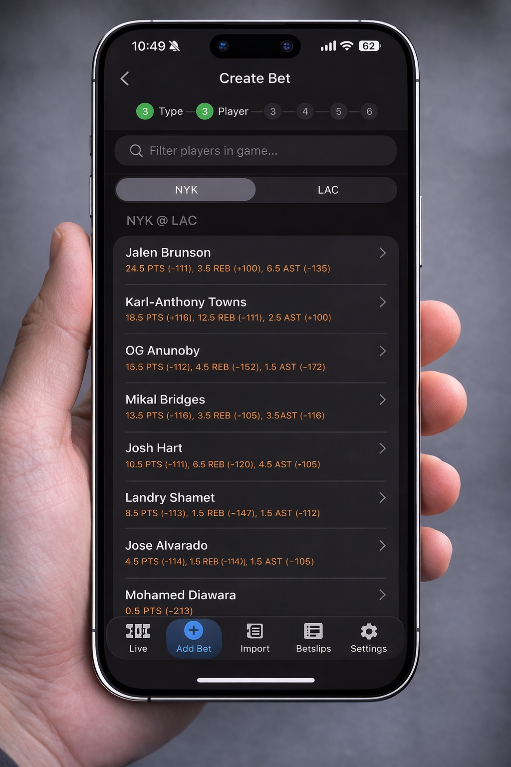Player selection screen